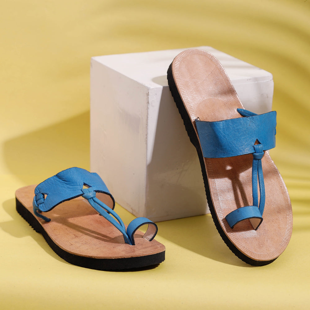 Blue &amp; Tan Toe Ring Handcrafted Women&#39;s Leather Slippers