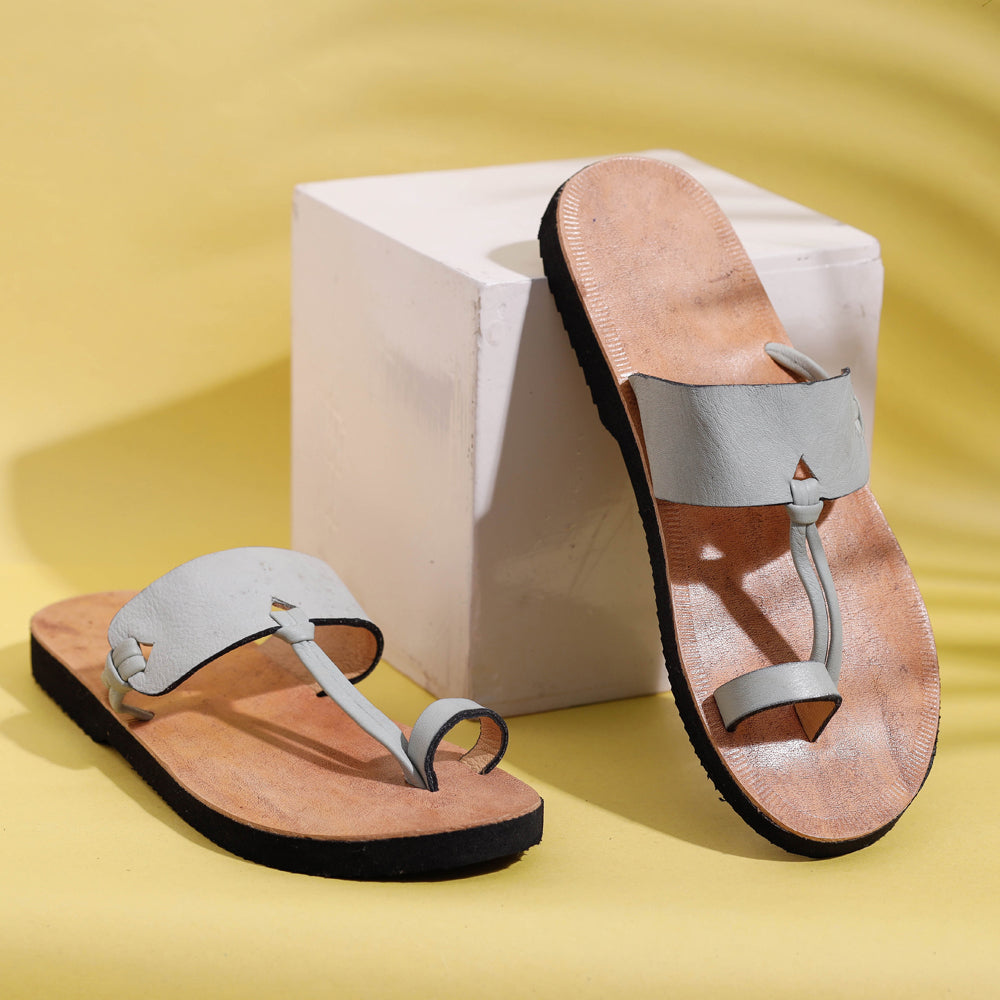 Grey &amp; Tan Toe Ring Handcrafted Women&#39;s Leather Slippers