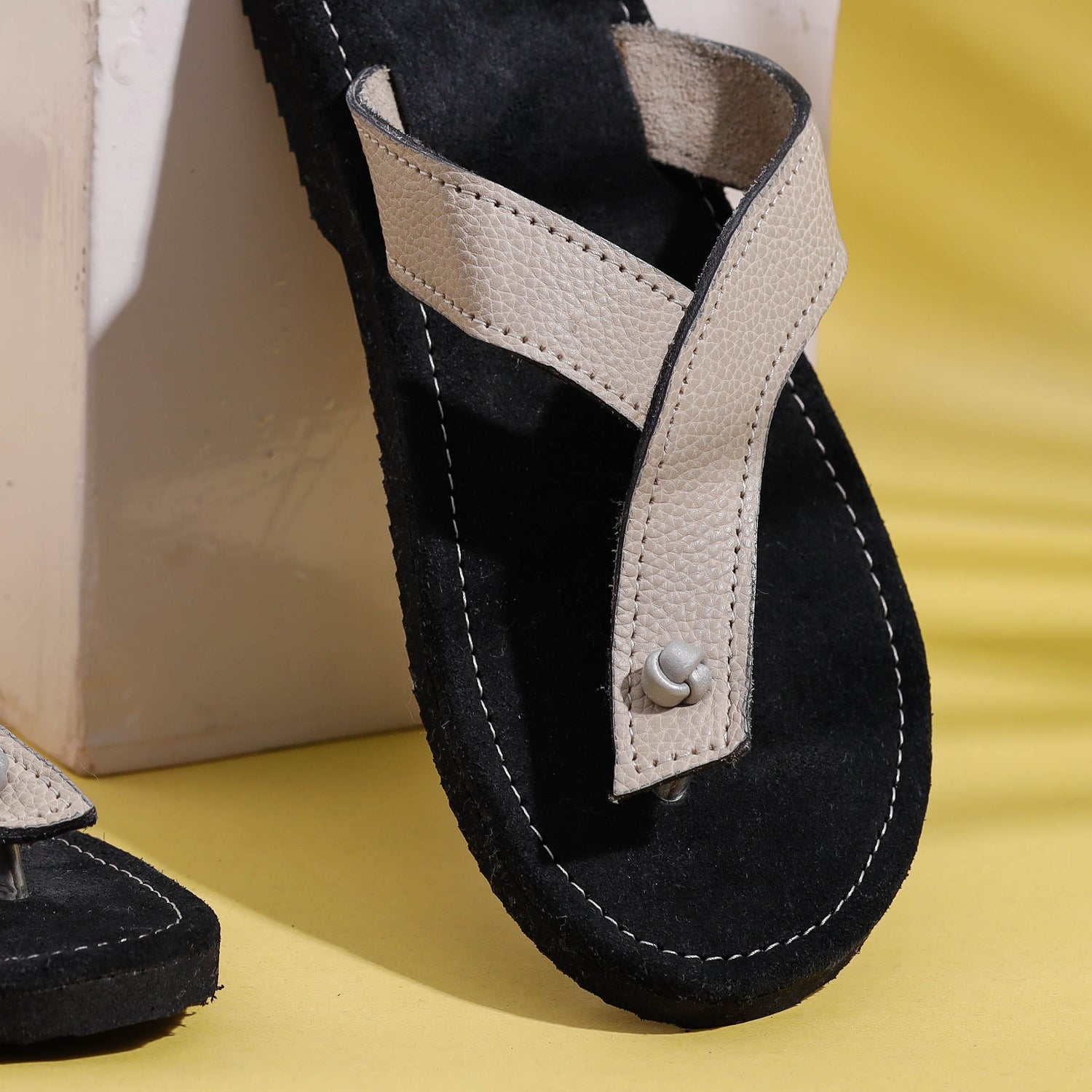 Black & White Handcrafted Women's Leather Slippers with Suede
