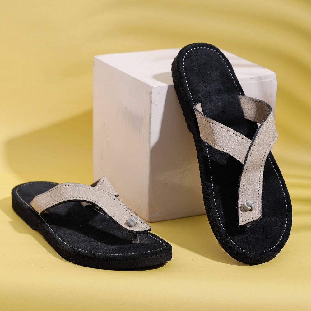Black & White Handcrafted Women's Leather Slippers with Suede