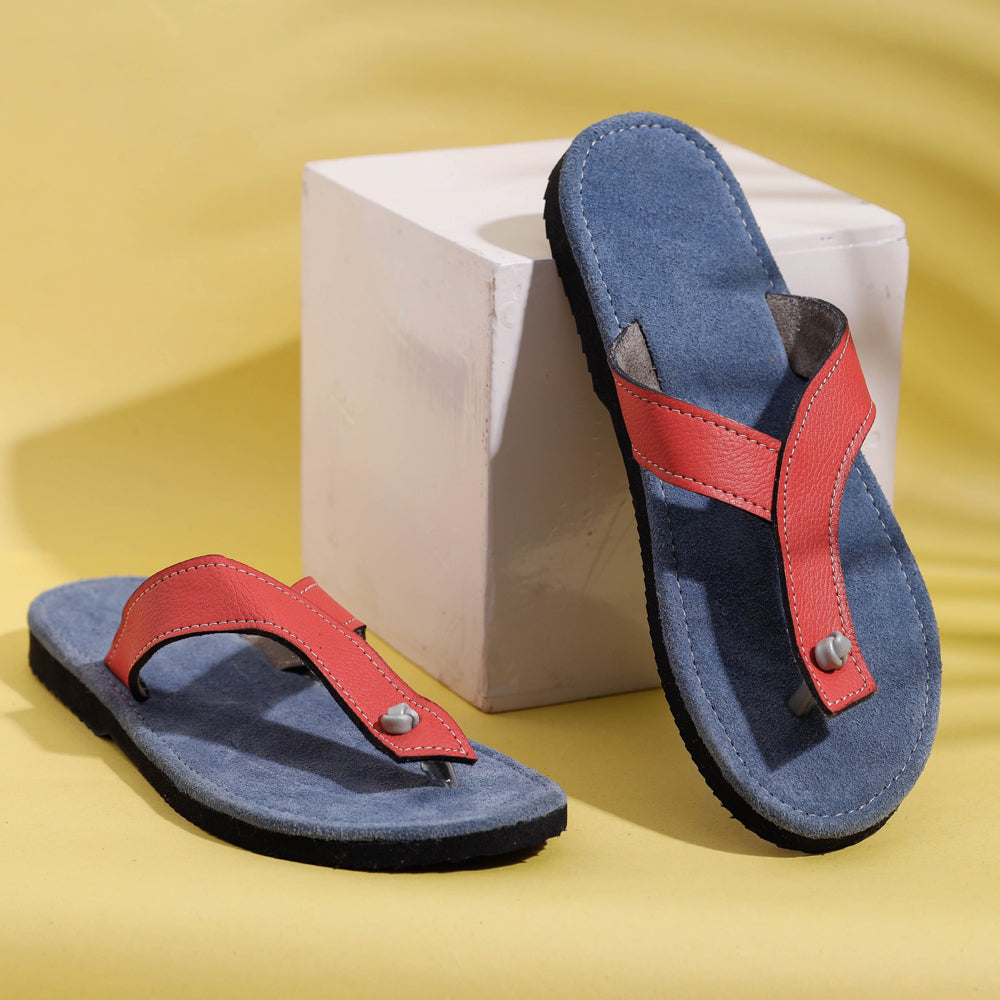 Blue &amp; Coral Handcrafted Women&#39;s Leather Slippers with Suede