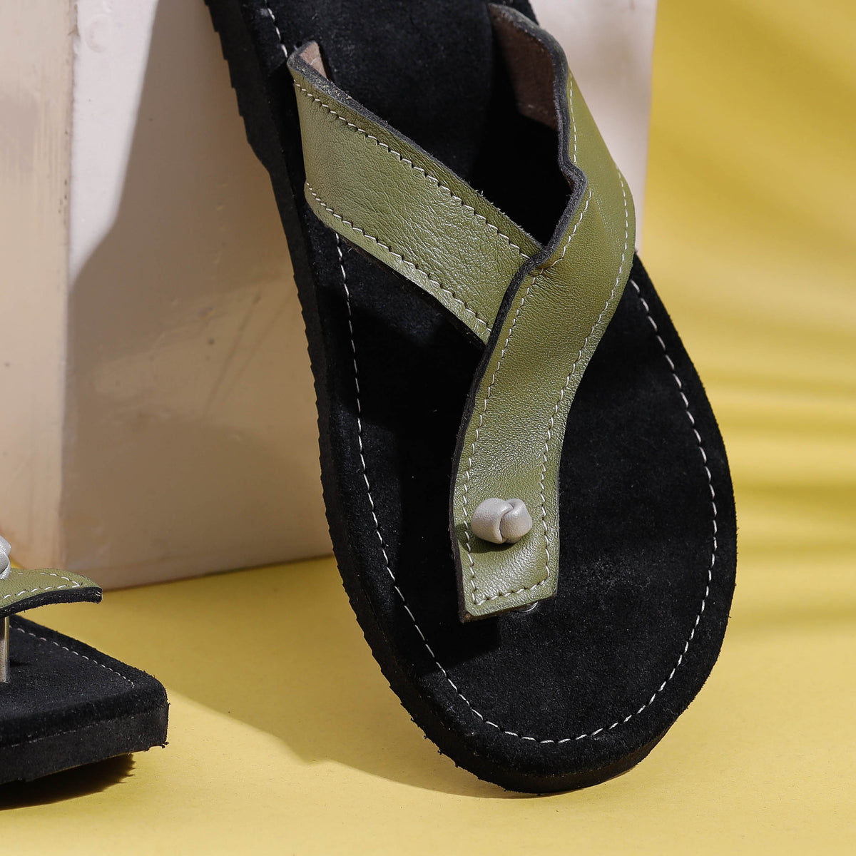 Black &amp; Green Handcrafted Women&#39;s Leather Slippers with Suede