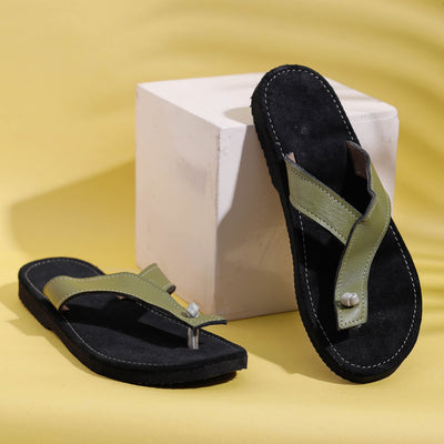 Black & Green Handcrafted Women's Leather Slippers with Suede
