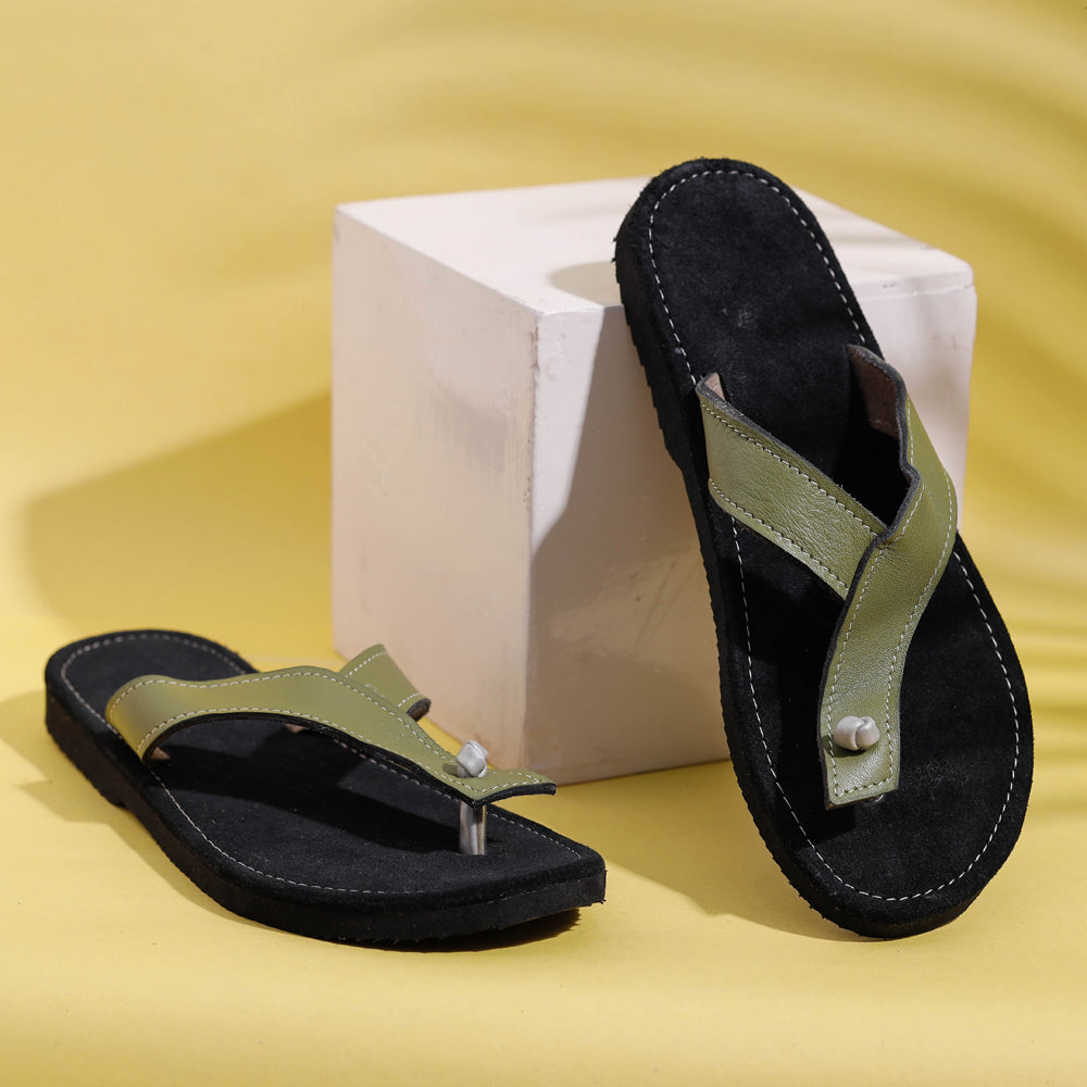 Black &amp; Green Handcrafted Women&#39;s Leather Slippers with Suede