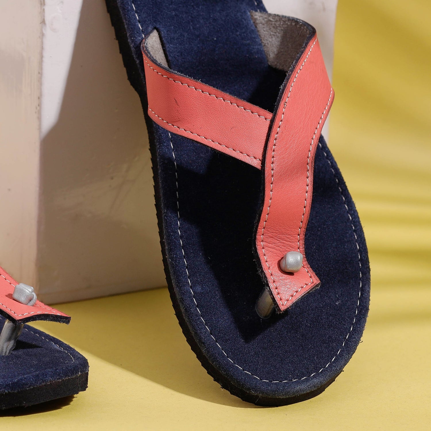 Dark Blue & Pink Handcrafted Women's Leather Slippers with Suede