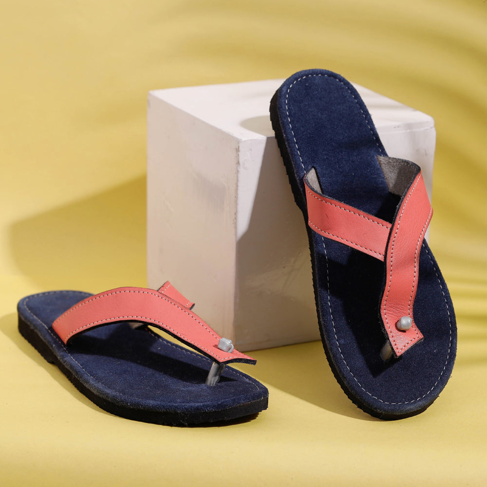 Dark Blue &amp; Pink Handcrafted Women&#39;s Leather Slippers with Suede