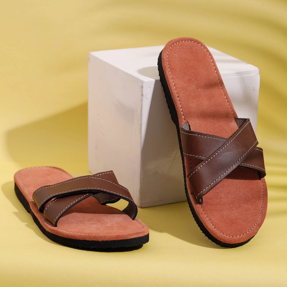Brown &amp; Tan Handcrafted Women&#39;s Leather Slippers with Suede