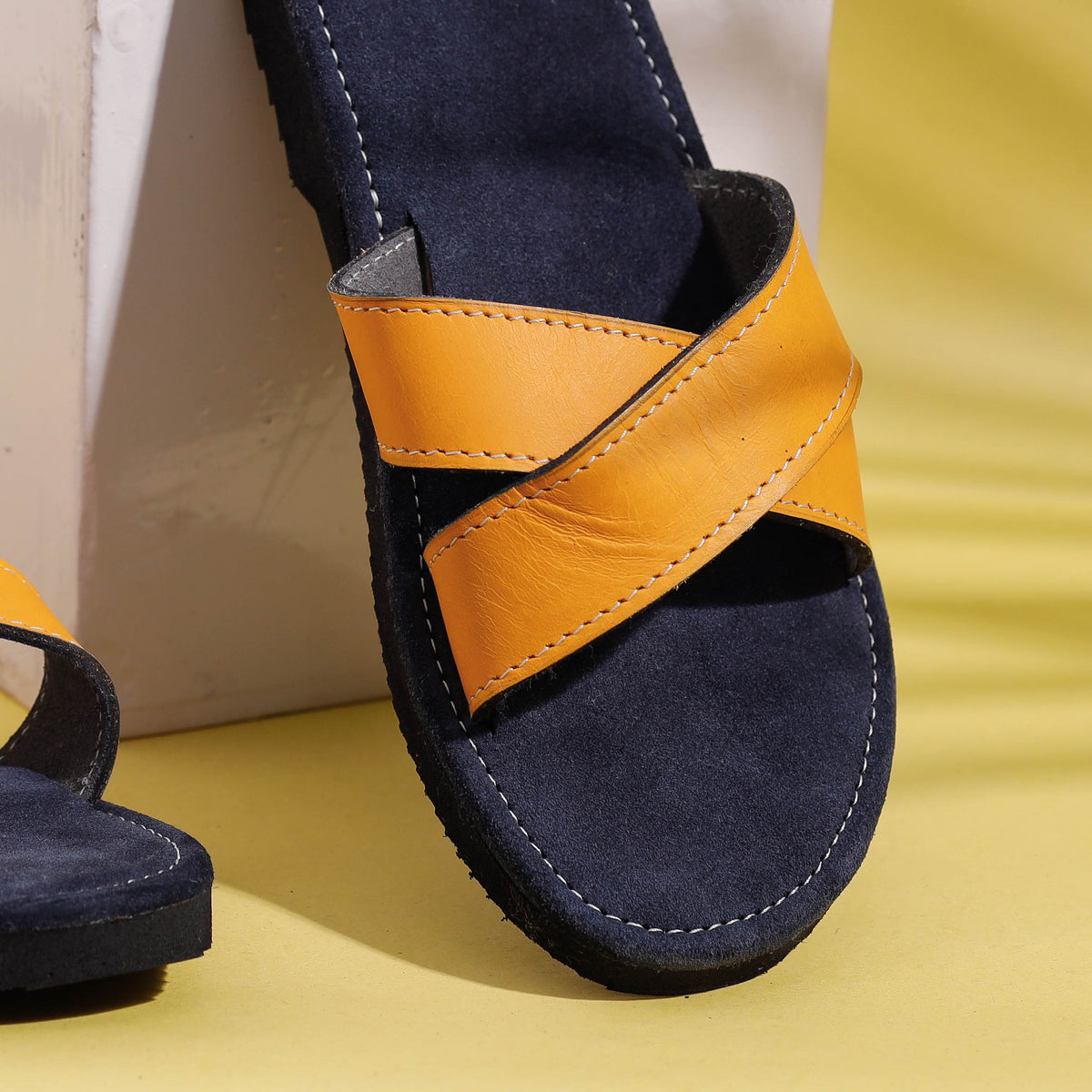 Yellow &amp; Grey Handcrafted Women&#39;s Leather Slippers with Suede