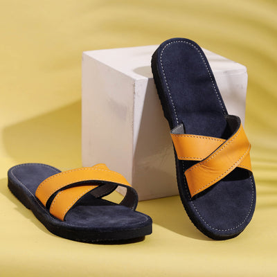 Yellow & Grey Handcrafted Women's Leather Slippers with Suede