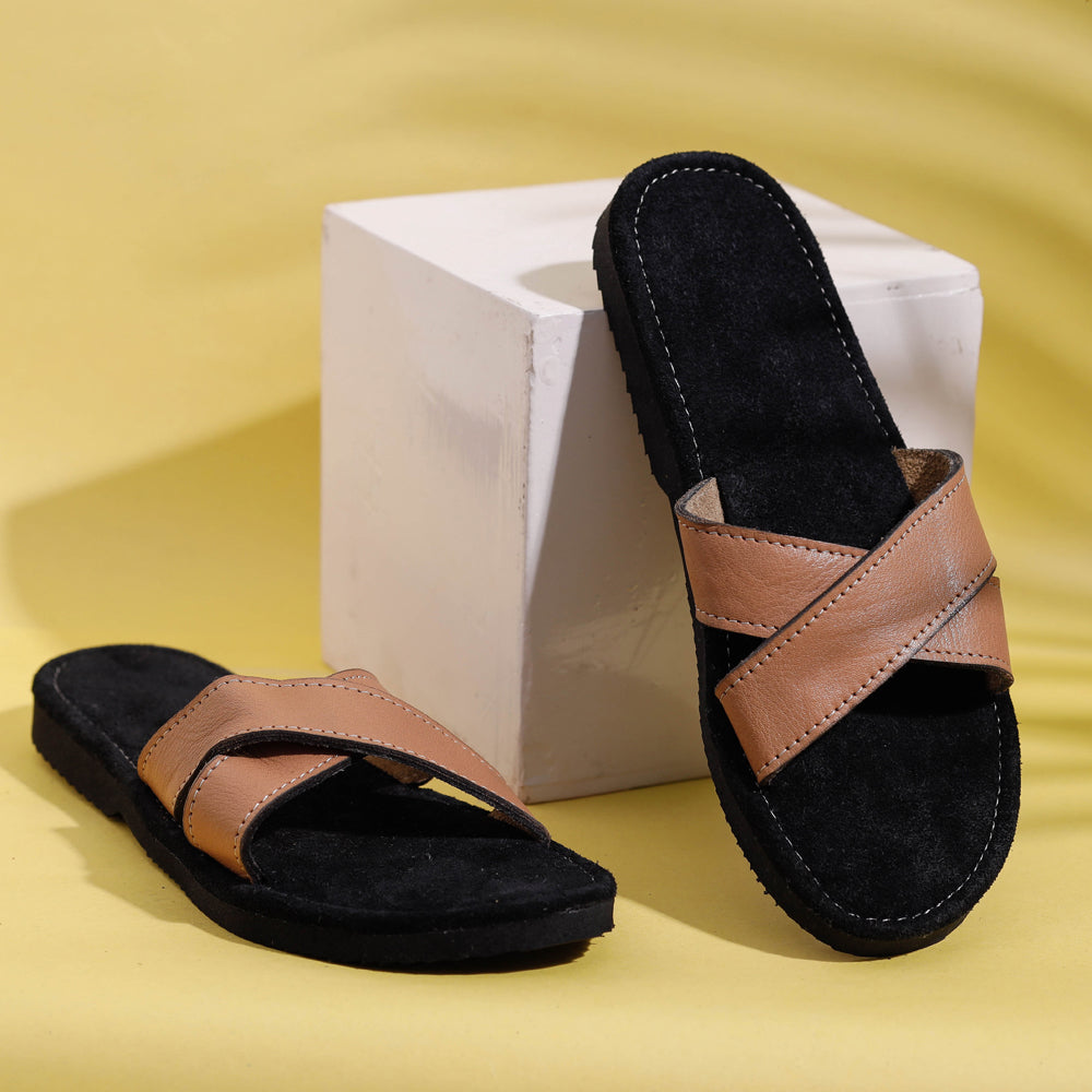 Black & Tan Handcrafted Women's Leather Slippers with Suede