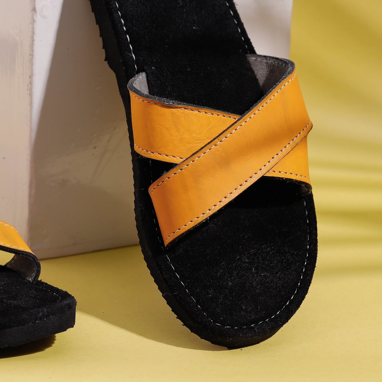 Black & Yellow Handcrafted Women's Leather Slippers with Suede