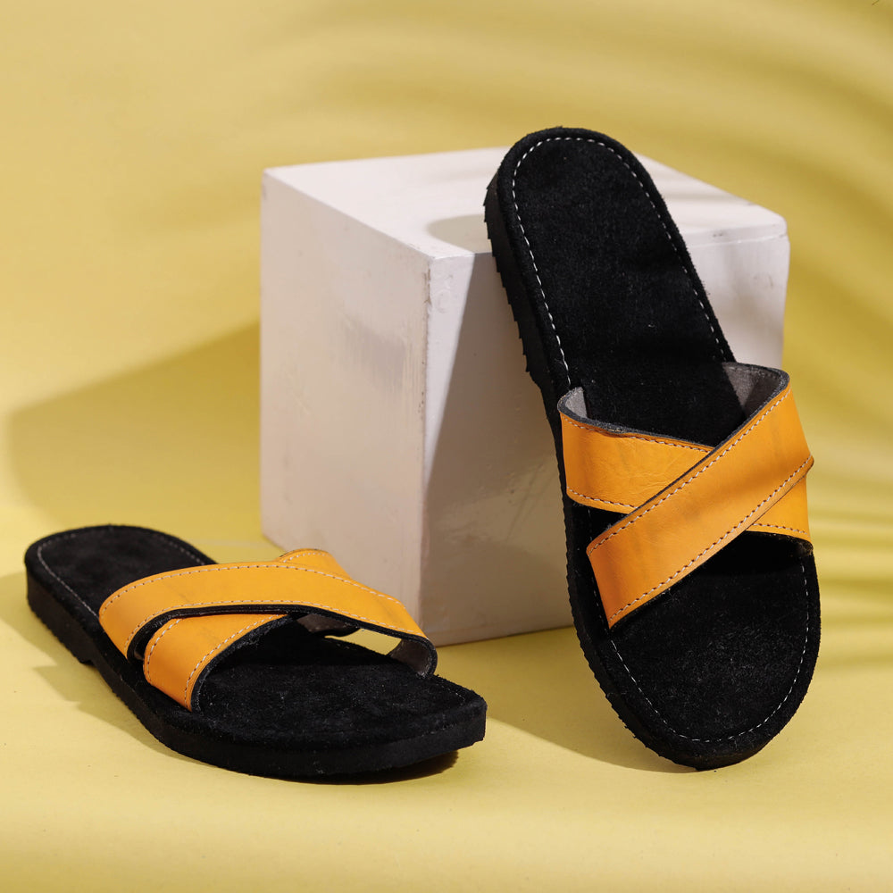 Black &amp; Yellow Handcrafted Women&#39;s Leather Slippers with Suede