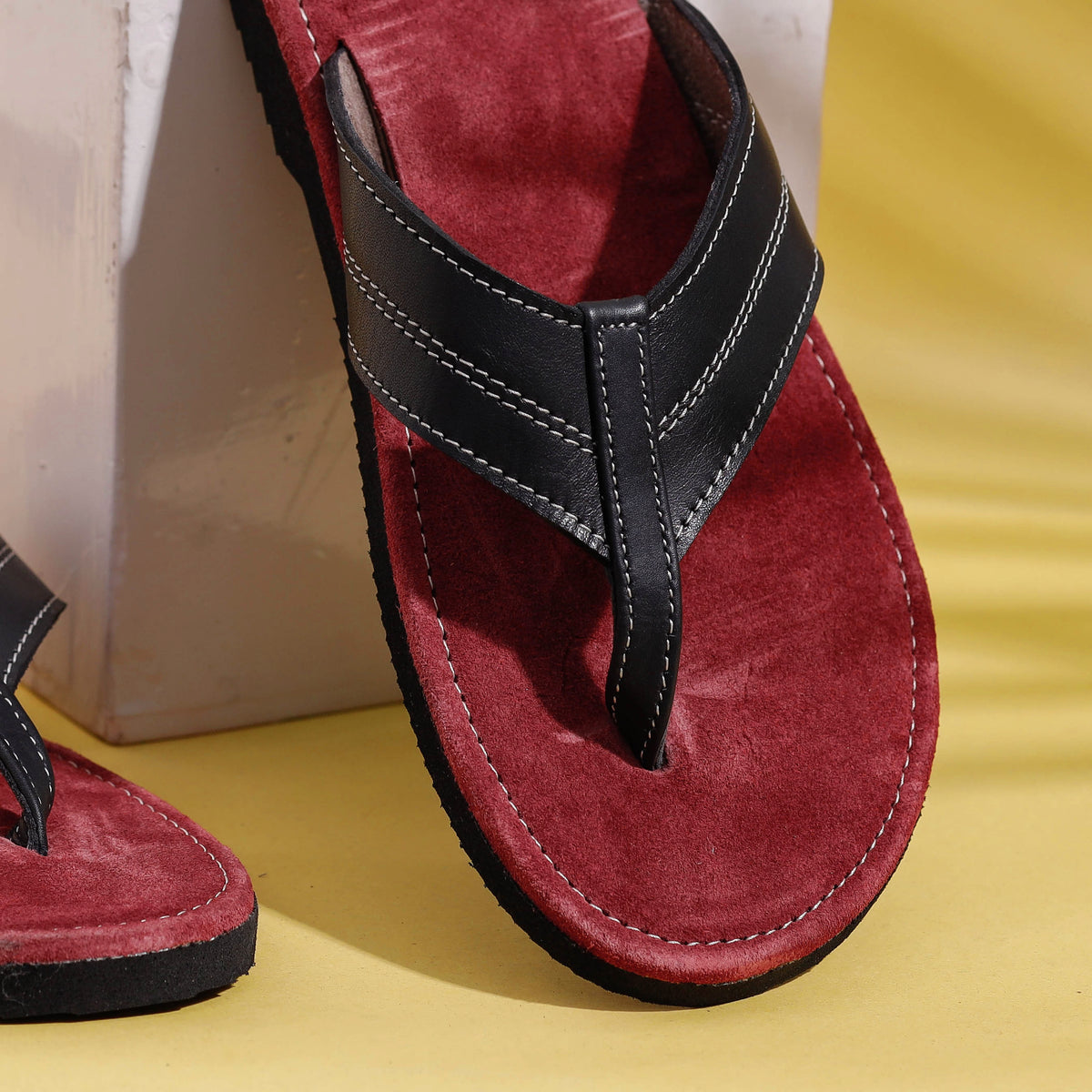 Black &amp; Maroon Handcrafted Men&#39;s Leather Slippers with Suede