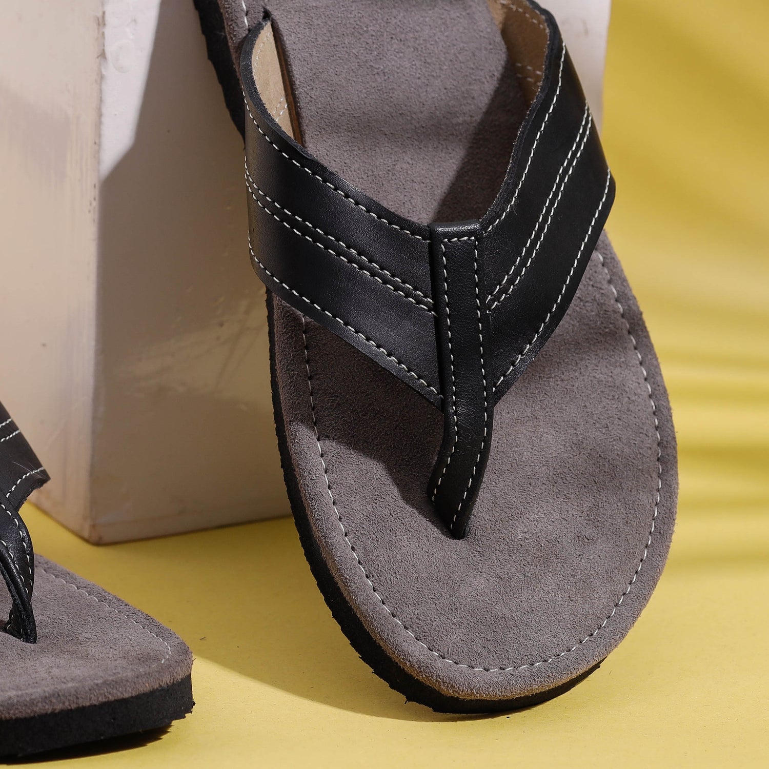 Grey & Black Handcrafted Men's Leather Slippers with Suede