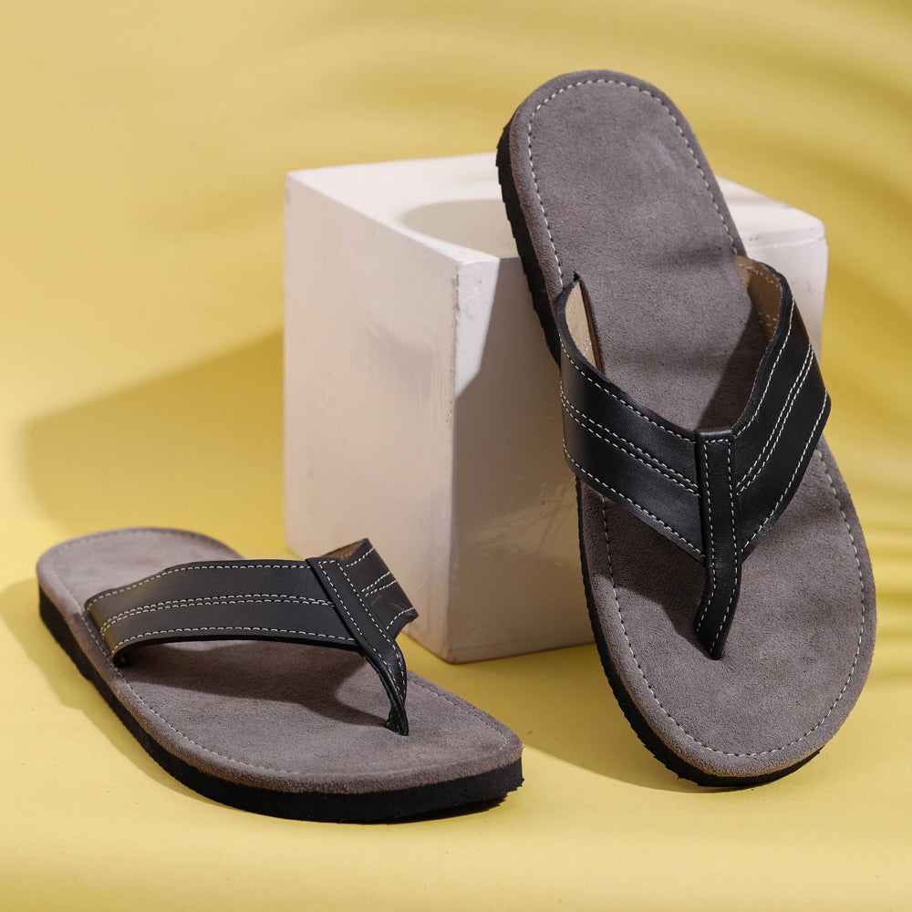 Grey &amp; Black Handcrafted Men&#39;s Leather Slippers with Suede