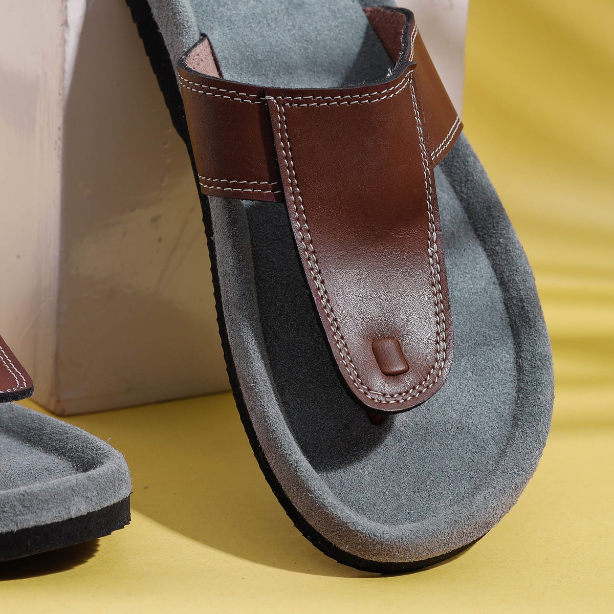 Grey &amp; Brown Handcrafted Men&#39;s Leather Slippers with Suede