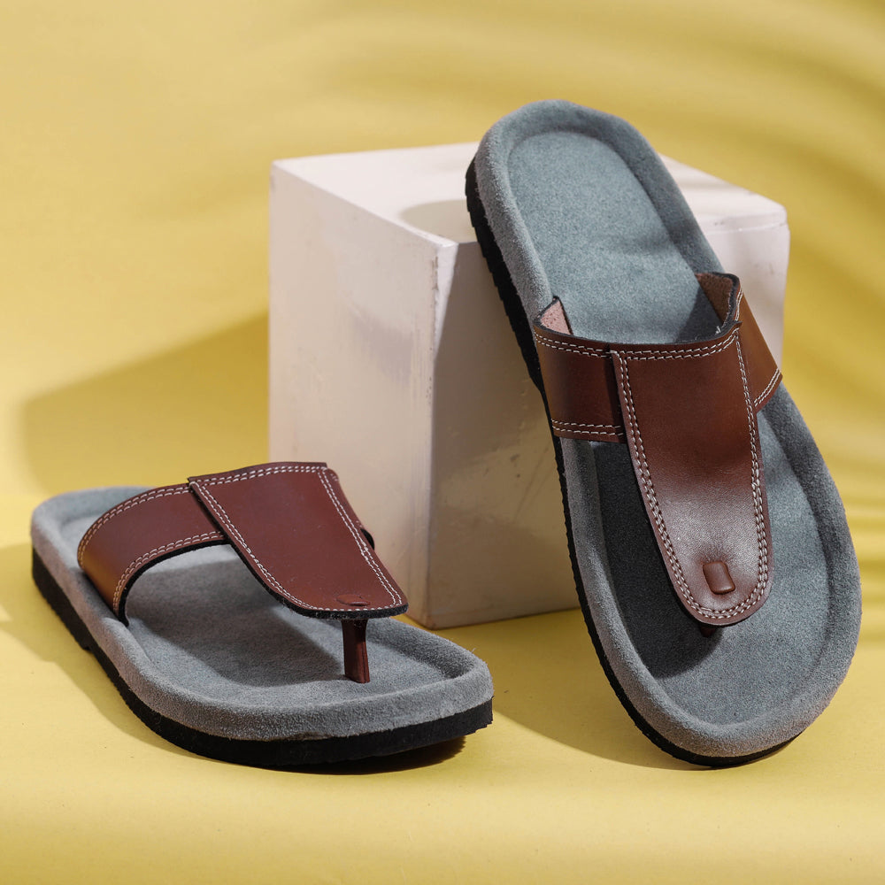 Grey & Brown Handcrafted Men's Leather Slippers with Suede