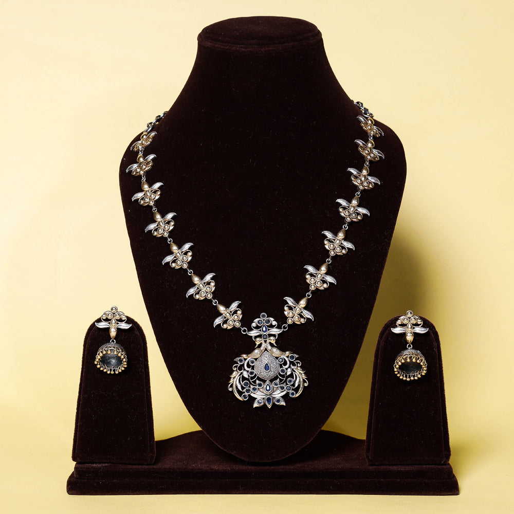 Oxidised Antique Finish Dual Tone Stone GS Necklace Set
