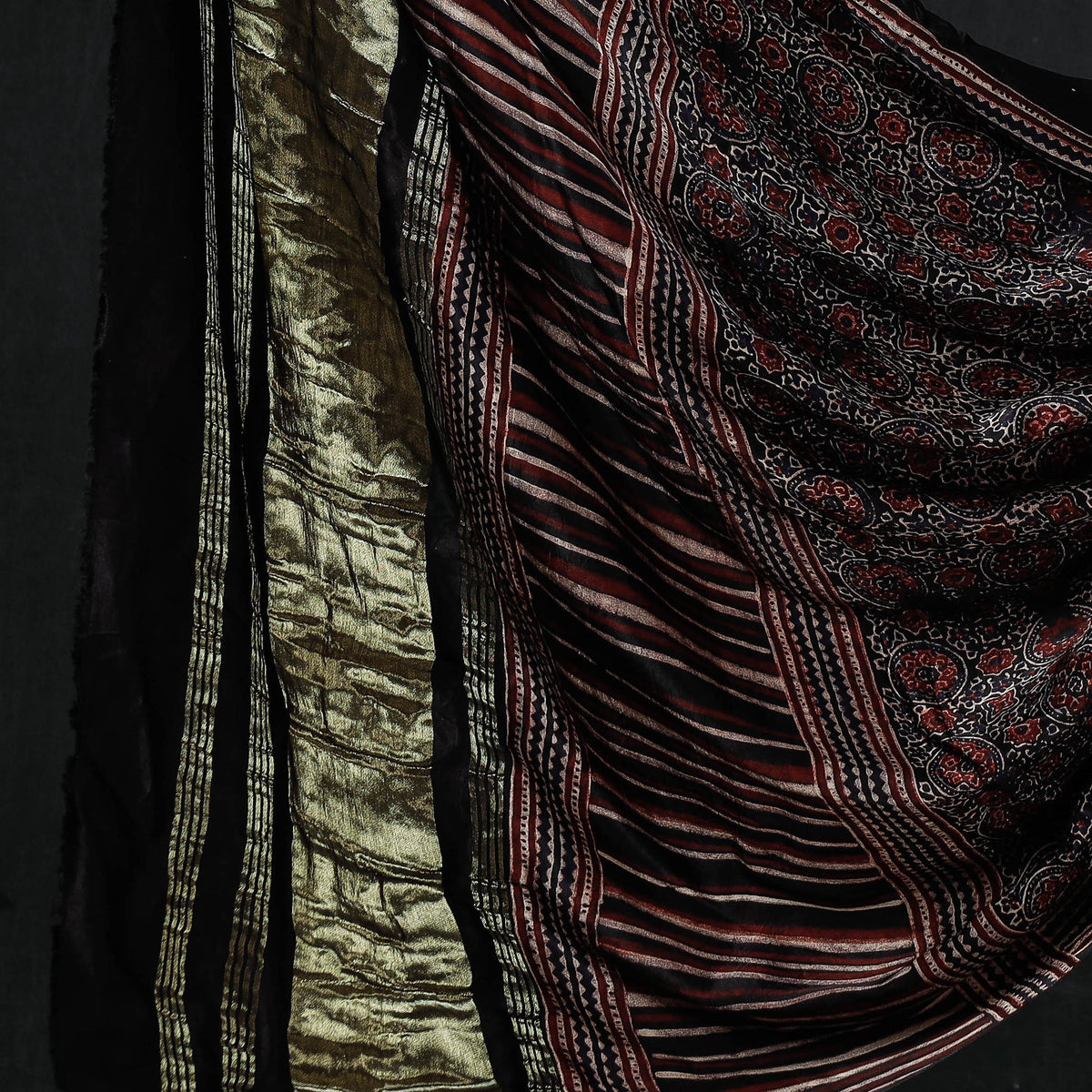 3pc Ajrakh Block Printed Modal Silk Zari Work Suit Material Set