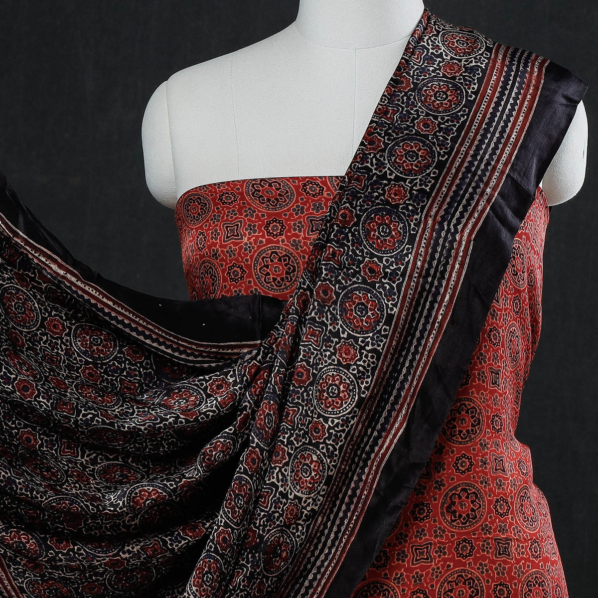 3pc Ajrakh Block Printed Modal Silk Zari Work Suit Material Set