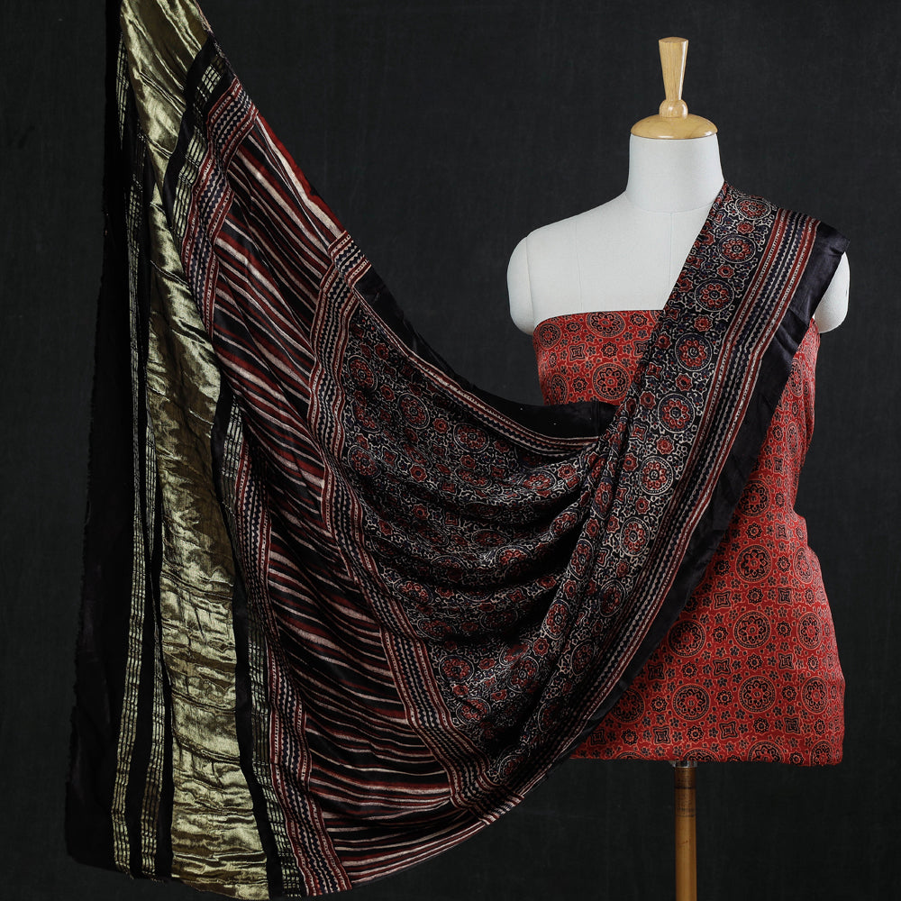 3pc Ajrakh Block Printed Modal Silk Zari Work Suit Material Set