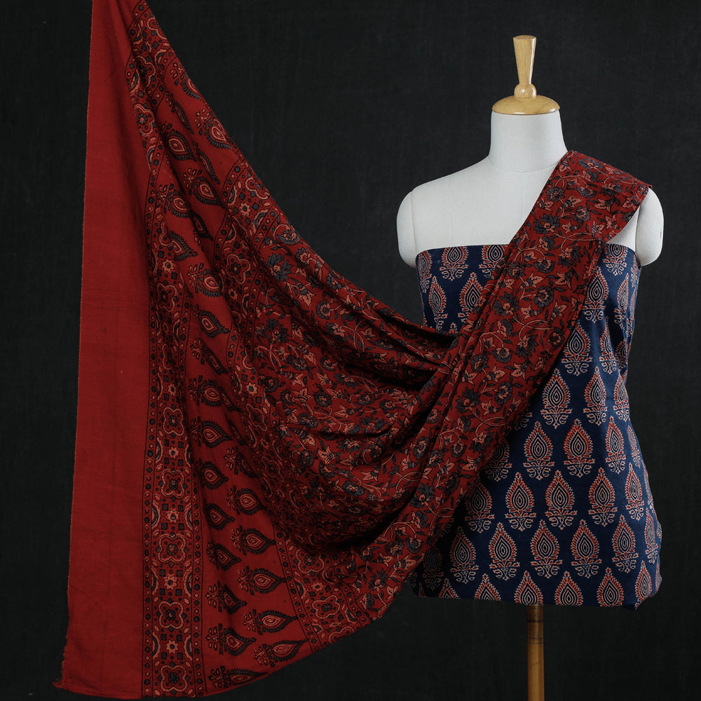 3pc Ajrakh Block Printed Cotton Suit Material Set