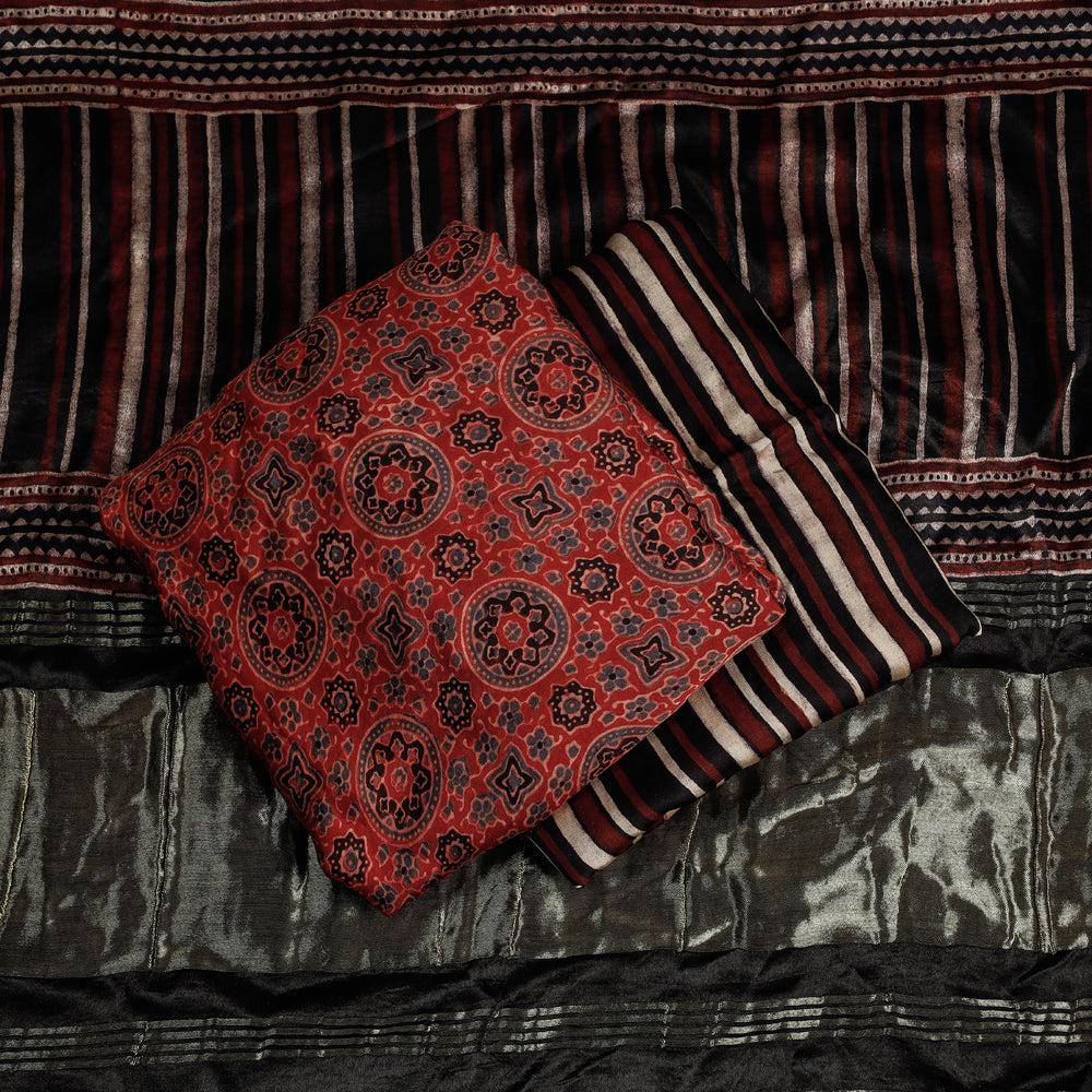 3pc Ajrakh Block Printed Modal Silk Zari Work Suit Material Set
