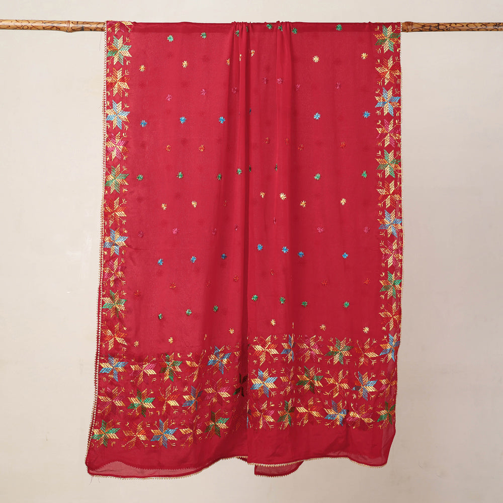 Traditional Phulkari Hand Embroidered Semi Silk Chinon Dupatta