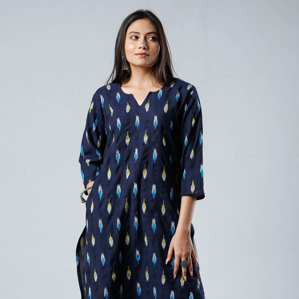 Dark Navy Blue Pochampally Ikat Weave Cotton Long Straight Kurta