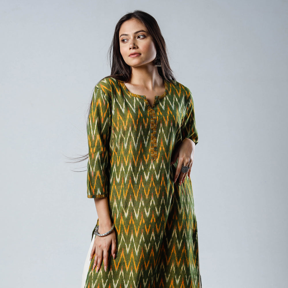 Green Yellow Pochampally Ikat Weave Cotton Long Kurti