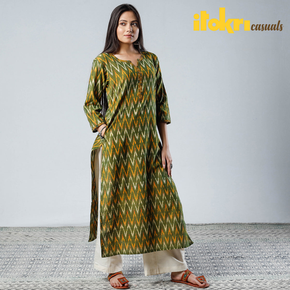 Green Yellow Pochampally Ikat Weave Cotton Long Kurti