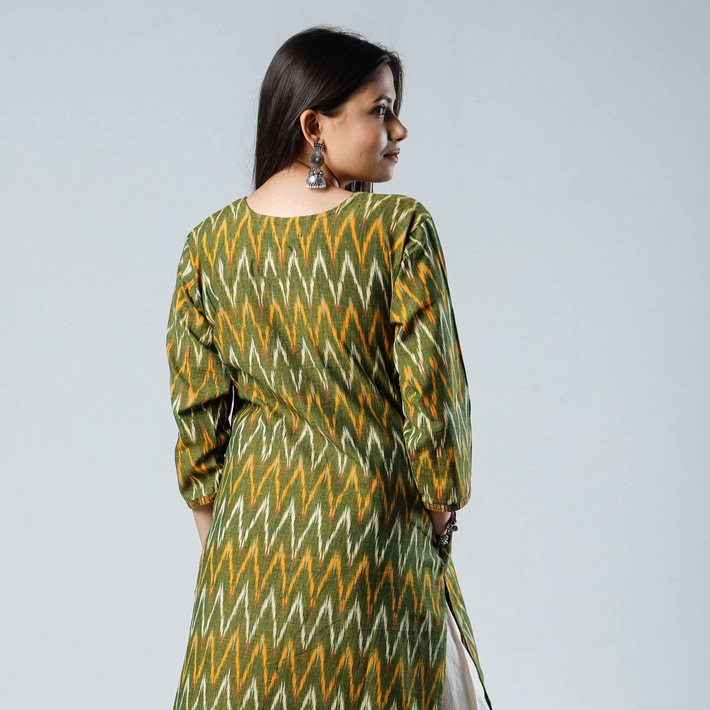 Green Yellow Pochampally Ikat Weave Cotton Long Kurti