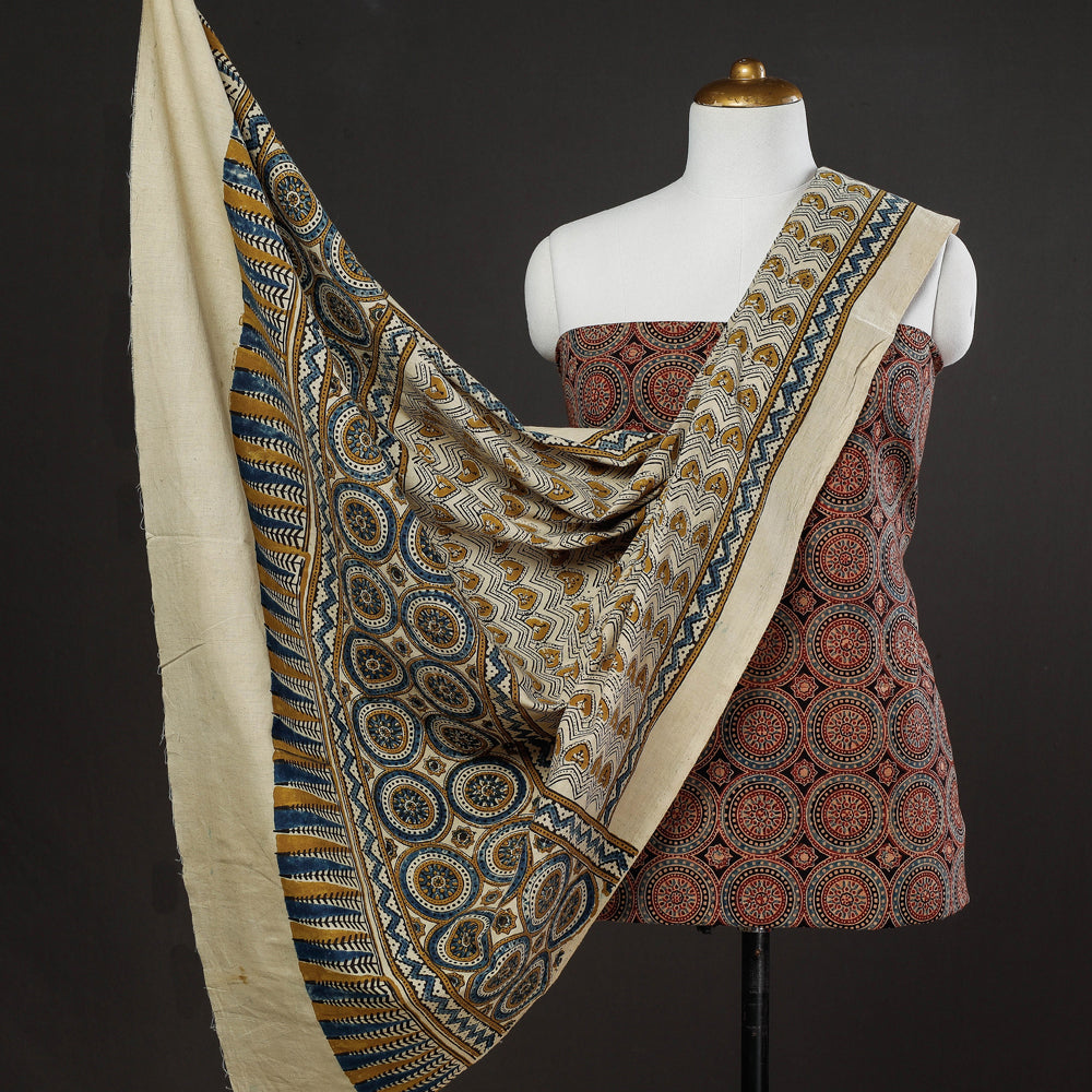 3pc Ajrakh Block Printed Cotton Suit Material Set