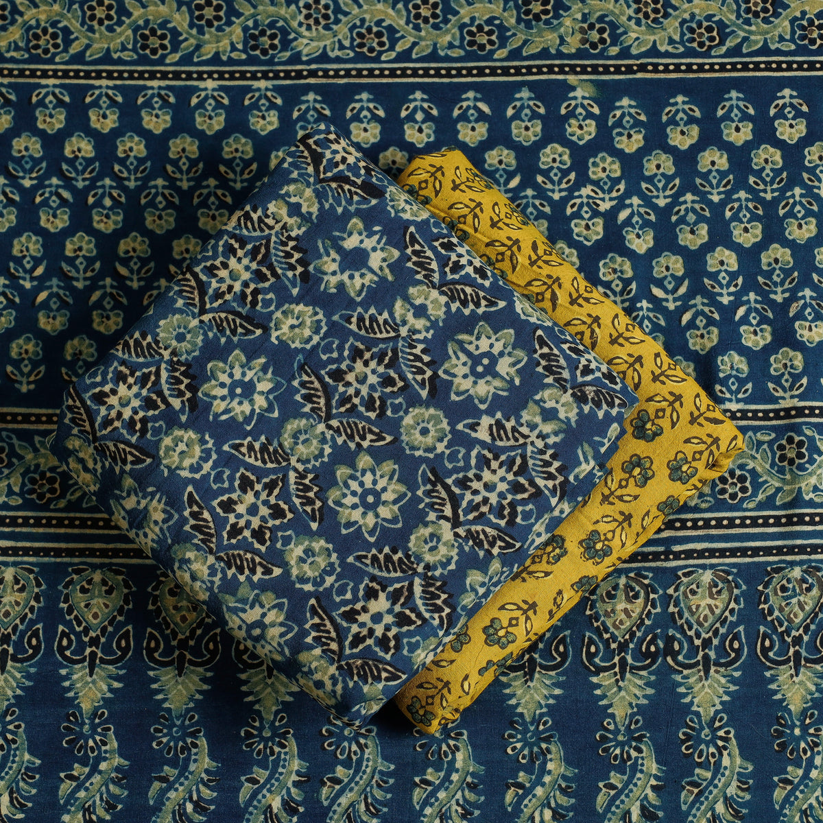 3pc Ajrakh Block Printed Cotton Suit Material Set