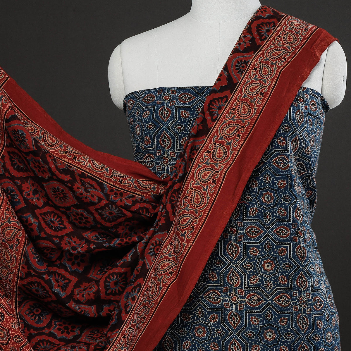 3pc Ajrakh Block Printed Cotton Suit Material Set