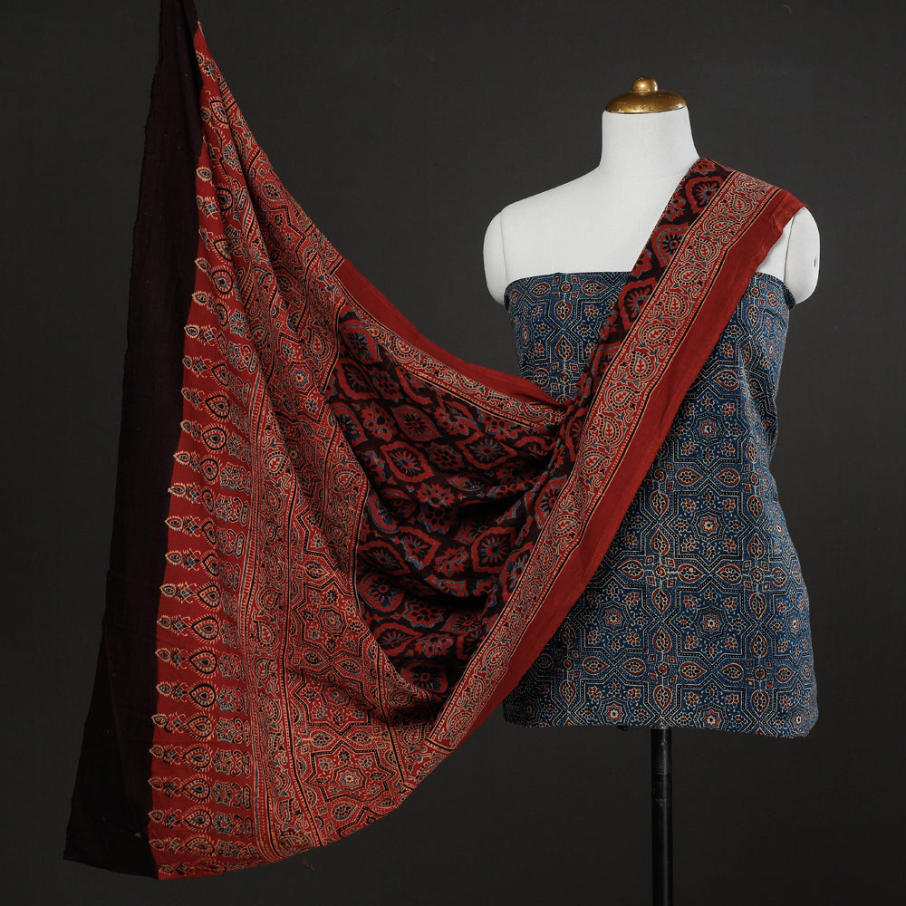 3pc Ajrakh Block Printed Cotton Suit Material Set