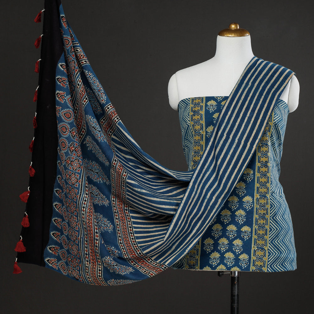 3pc Ajrakh Block Printed Cotton Suit Material Set