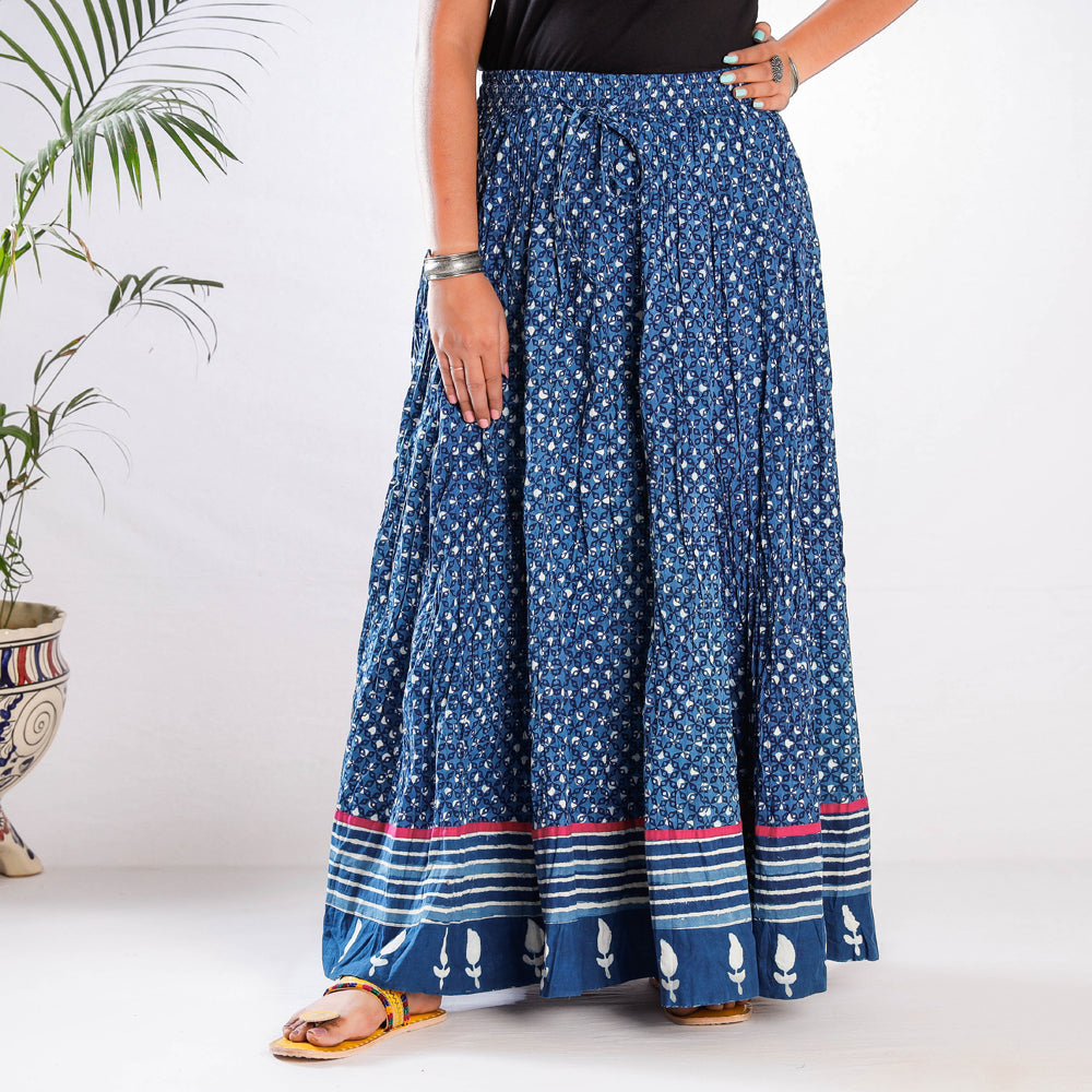 Kusumlata Indigo Block Print Cotton Crinkle Long Skirt