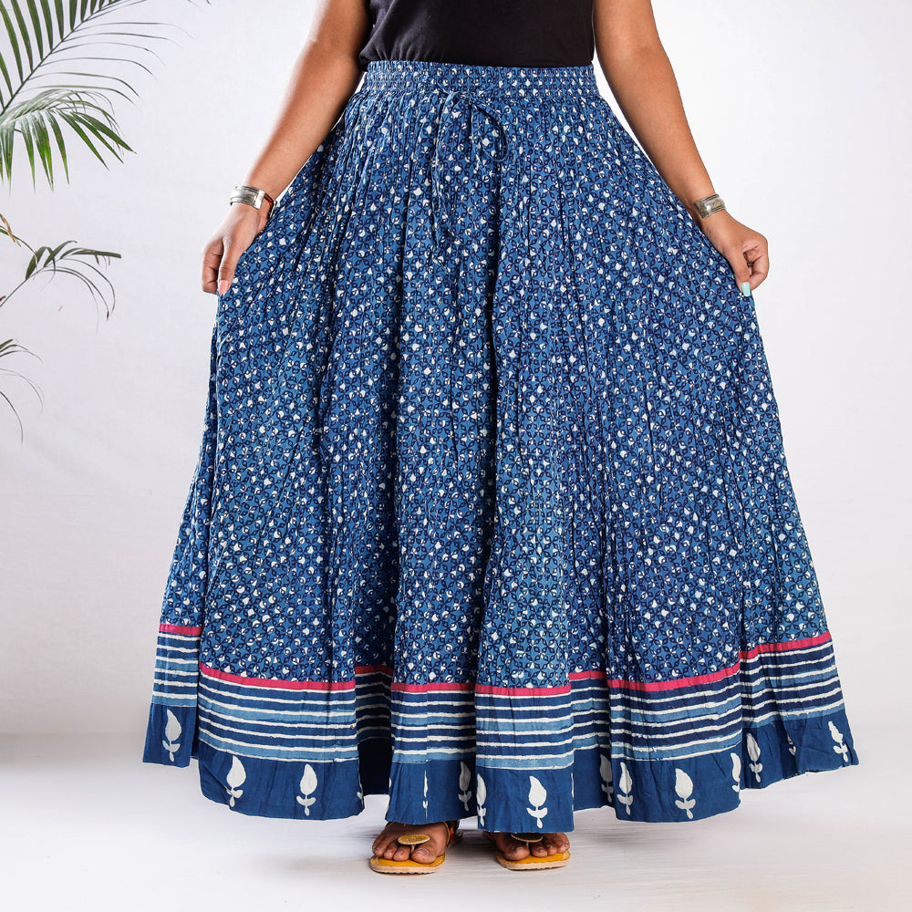 Kusumlata Indigo Block Print Cotton Crinkle Long Skirt