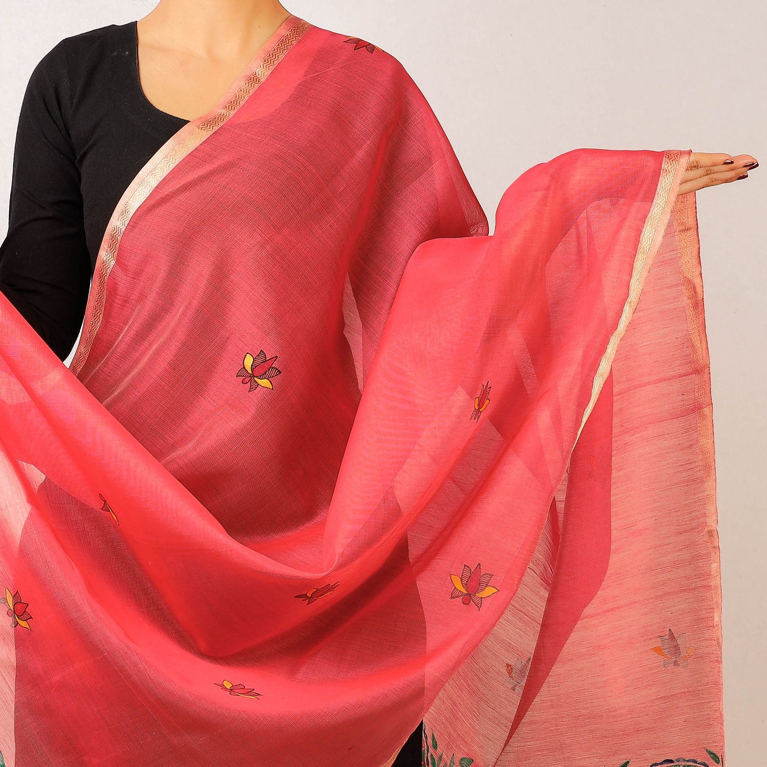 Madhubani Handpainted Maheshwari Silk Handloom Dupatta with Tassels