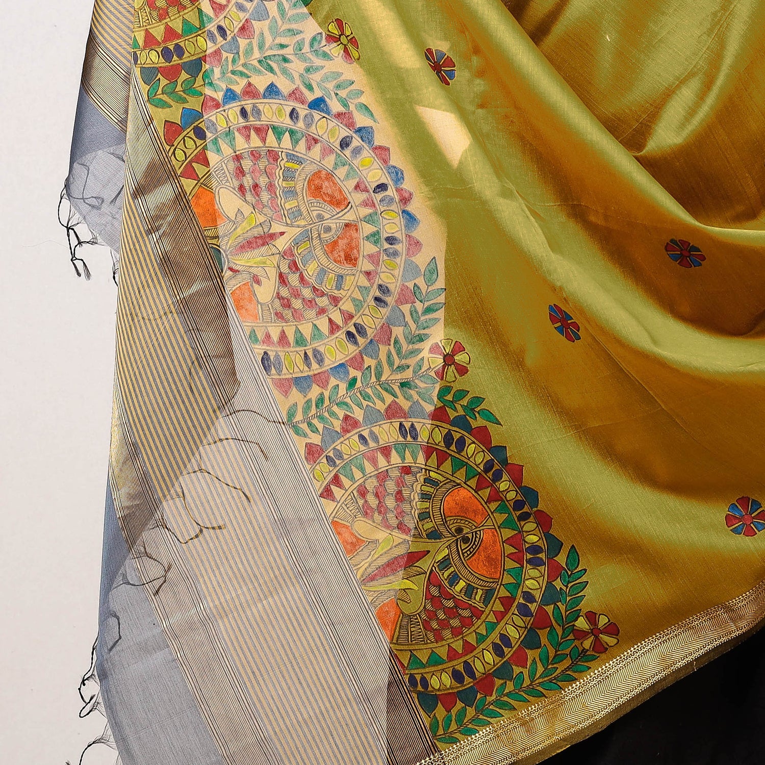 Madhubani Handpainted Maheshwari Silk Handloom Dupatta with Tassels