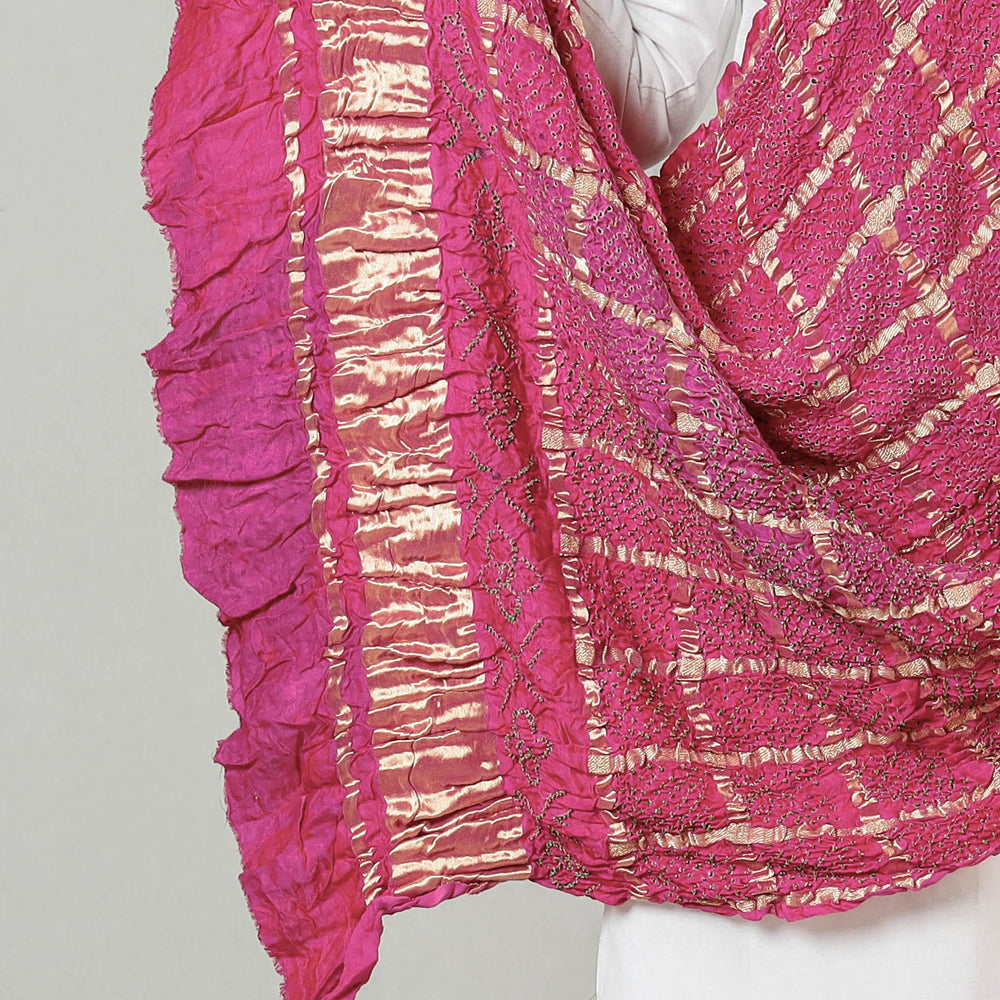 Traditional Kutchi Bandhani Tie-Dye Zari Checks Modal Silk Dupatta