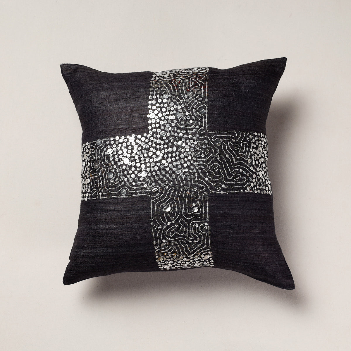Aari Embroidery Sequin Work Ghicha Silk Cushion Cover (16 x 16 in)