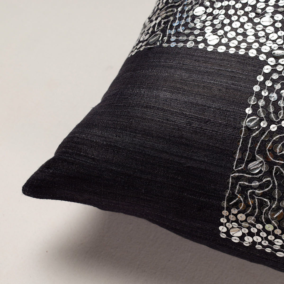 Aari Embroidery Sequin Work Ghicha Silk Cushion Cover (16 x 16 in)