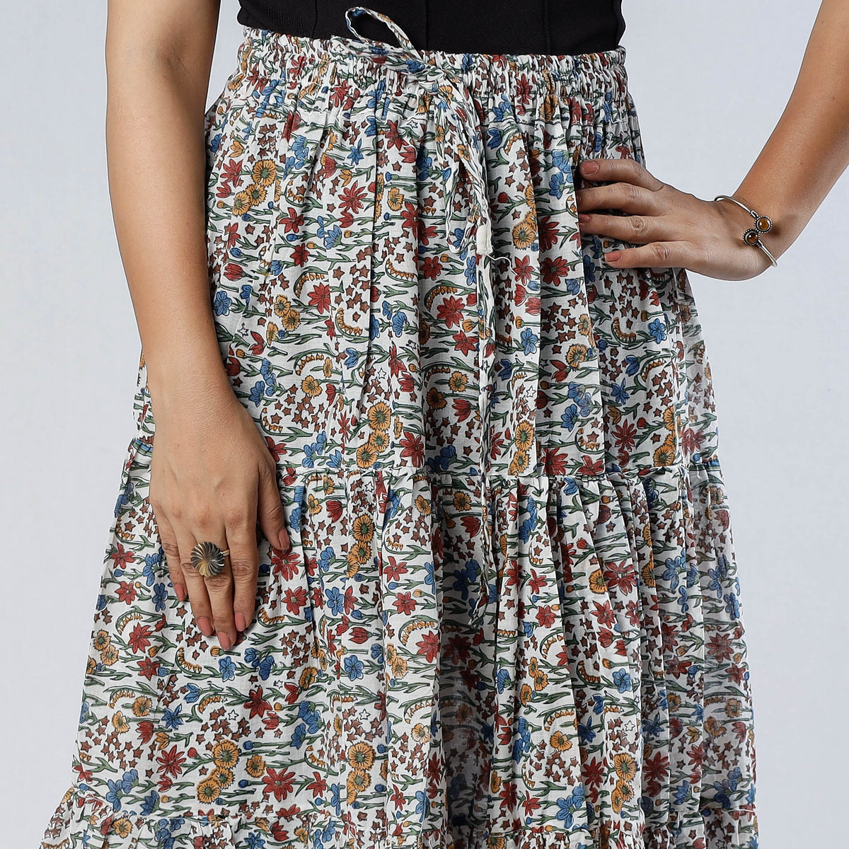 Sanganeri Block Printing Tiered Cotton Long Skirt