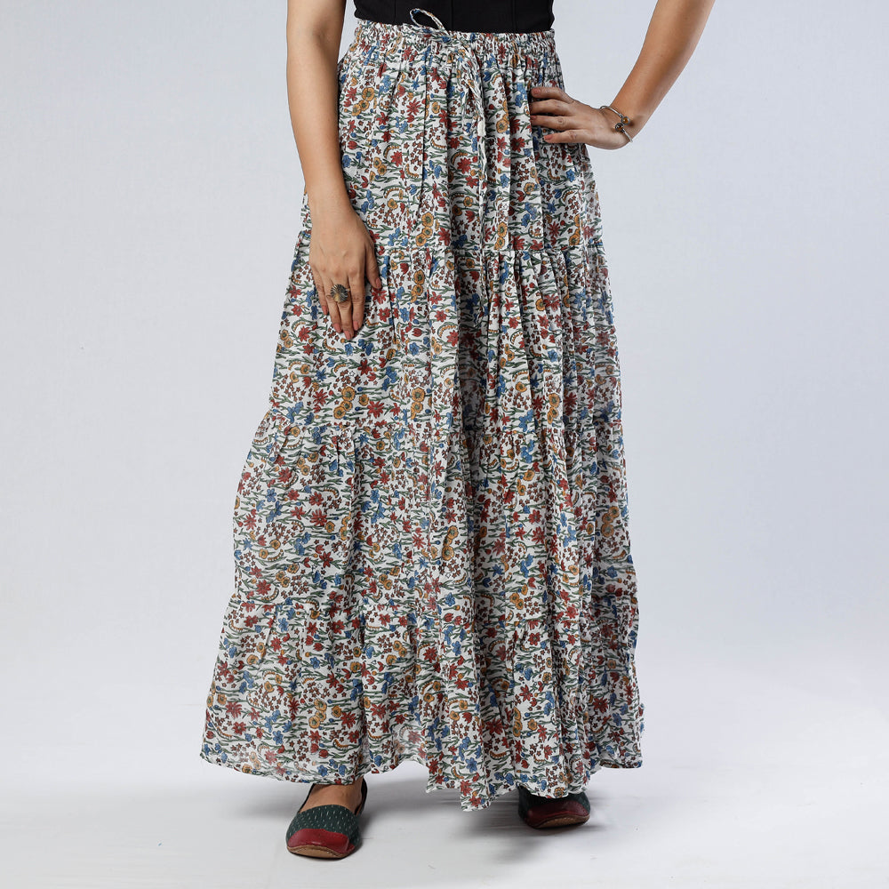 Sanganeri Block Printing Tiered Cotton Long Skirt
