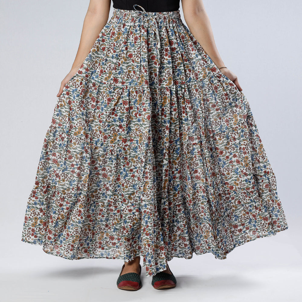 Sanganeri Block Printing Tiered Cotton Long Skirt