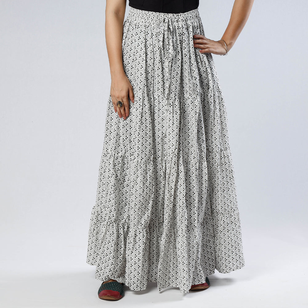 Sanganeri Block Printing Tiered Cotton Long Skirt