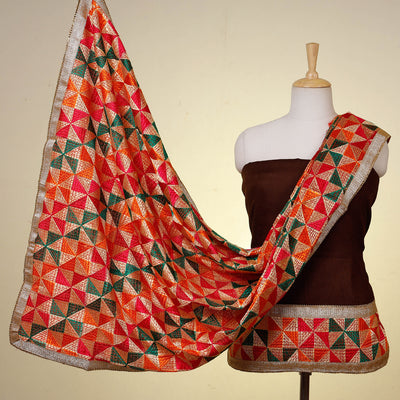3pc Phulkari Embroidered Silk Cotton Gota Patti Suit Material Set