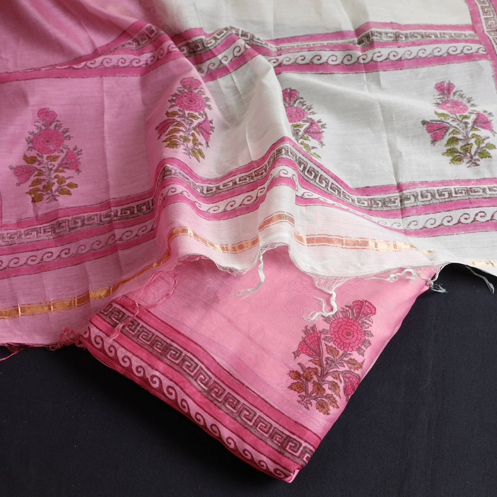 2pc Handloom Chanderi Silk Block Printed Suit Material Set with Ombre-Dyed Dupatta
